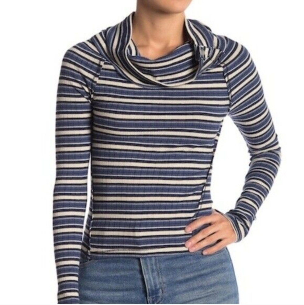 Free people Cape Cod Cowl neck striped blue cream thermal top sz large WT305 - Picture 4 of 10